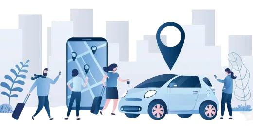 Illustration d’une course en ville avec téléphone et voiture