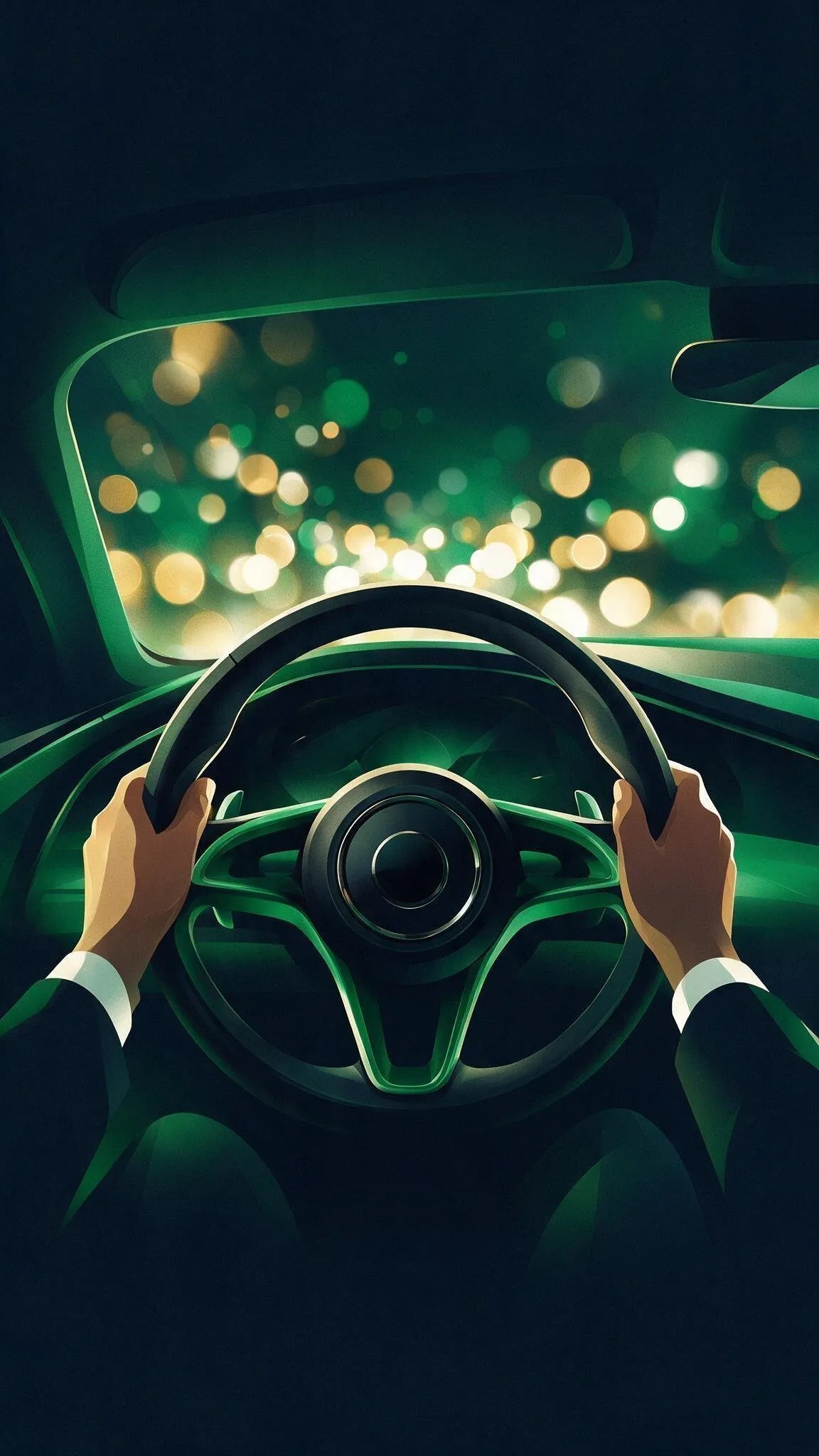 Mains sur un volant, lumières vertes, ambiance sécurité